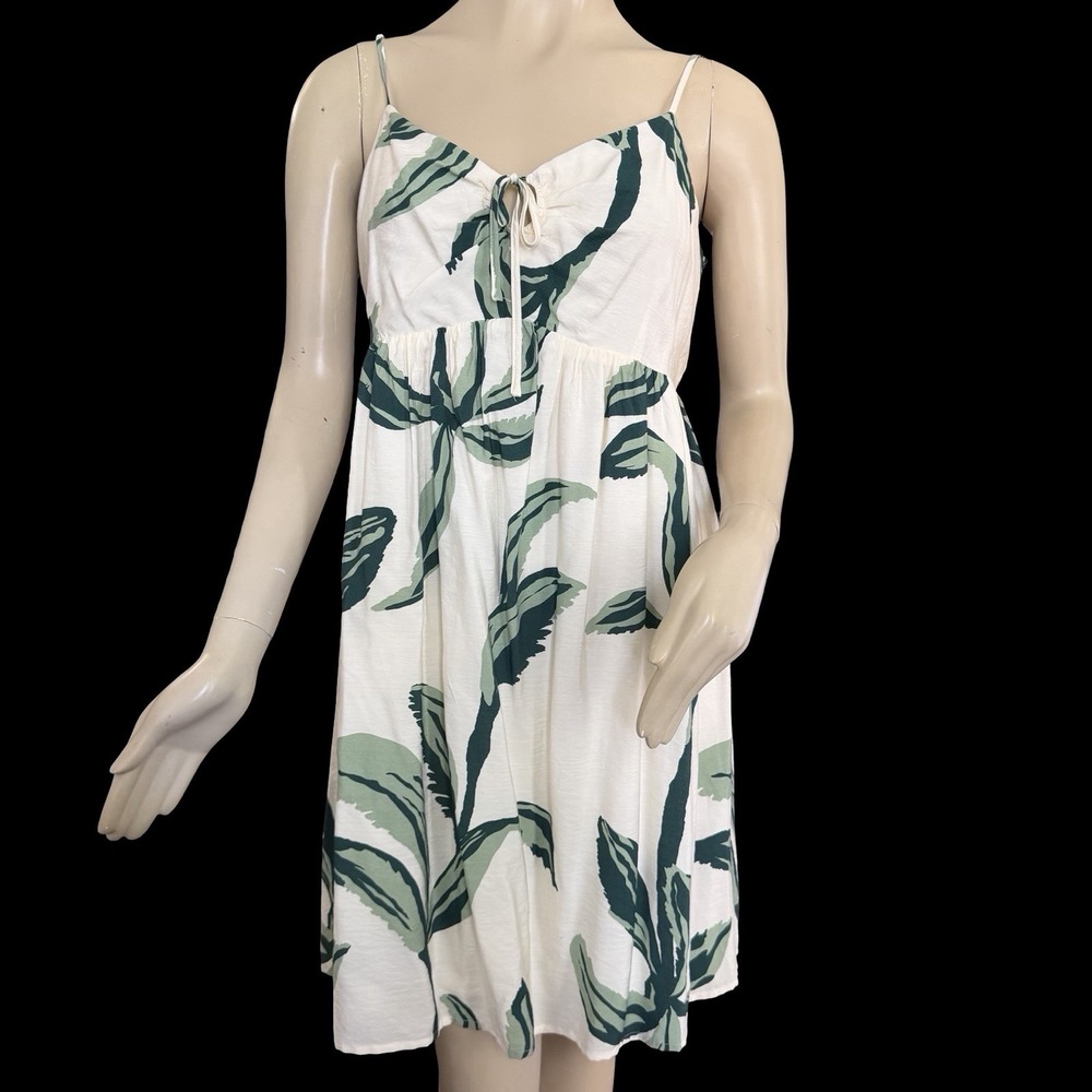 Nine West Smocked Babydoll Dress L • Tropical Palm Fronds A-line Cut Out Strappy